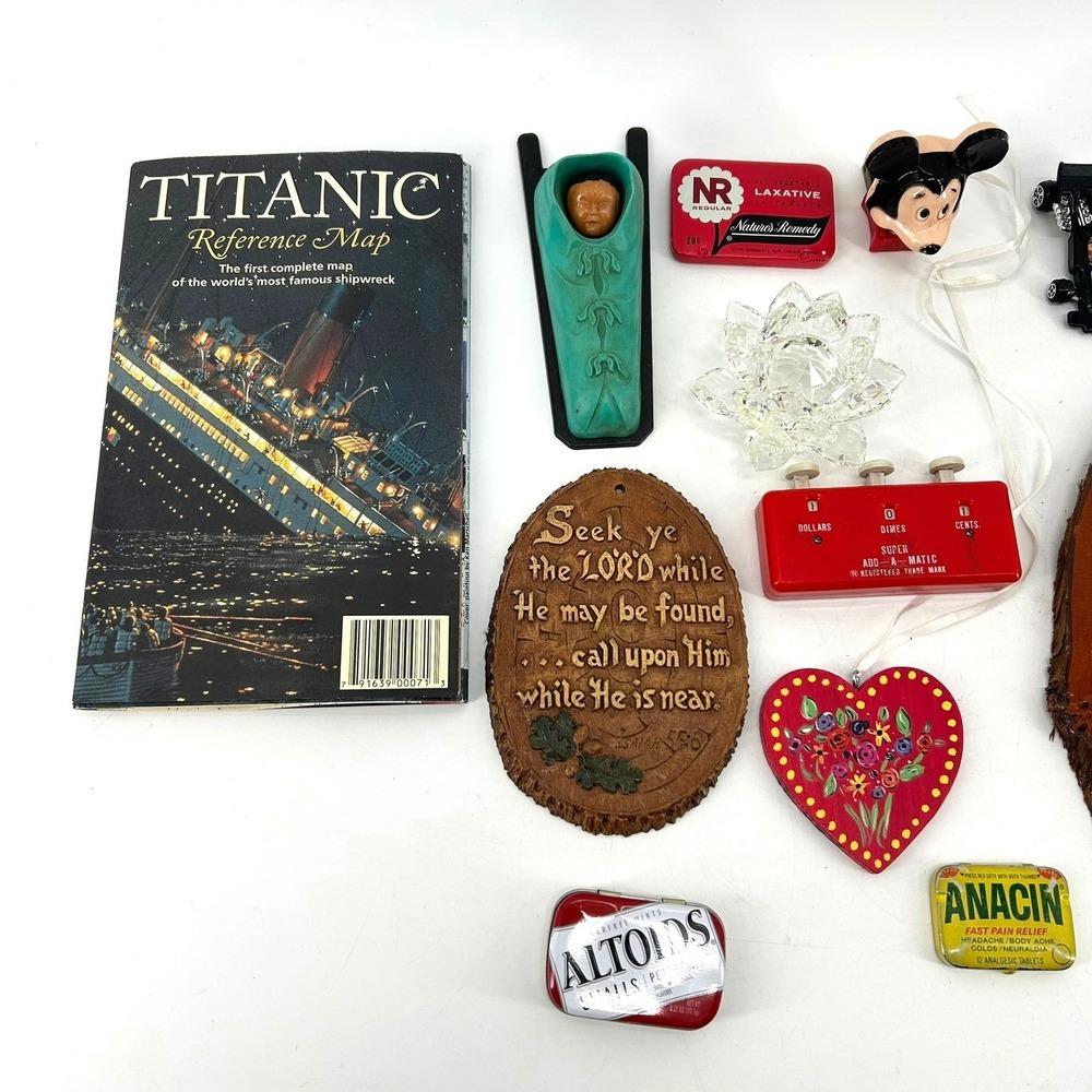 Vtg Junk Drawer Collectibles Titanic Map Mickey Mouse Tins Diecast Cars Ephemera